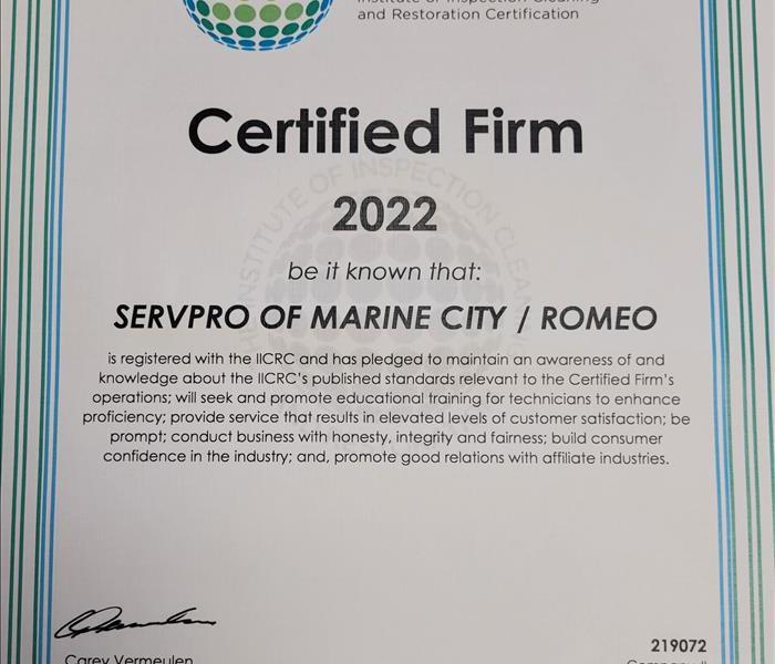 Servpro's certification certificate from IICRC